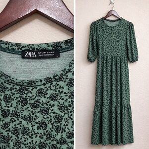 ZARA Cottagecore Green Floral Midi Dress